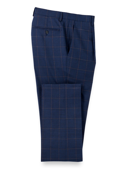 Wool Stretch Windowpane Single Pleat Suit Pants - Navy