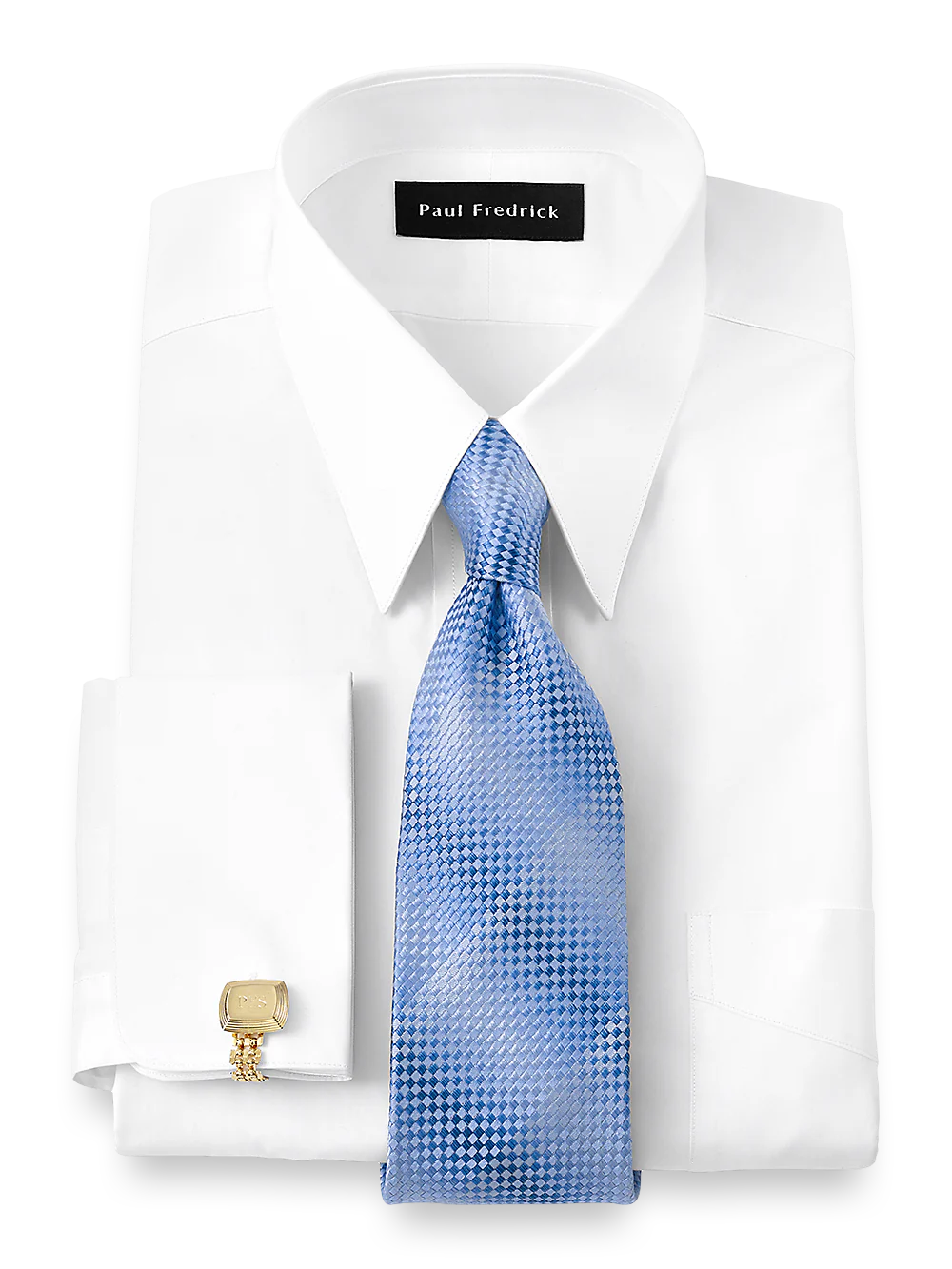 Pure Cotton Broadcloth Edge-stitched Straight Collar French Cuff Dress Shirt - White