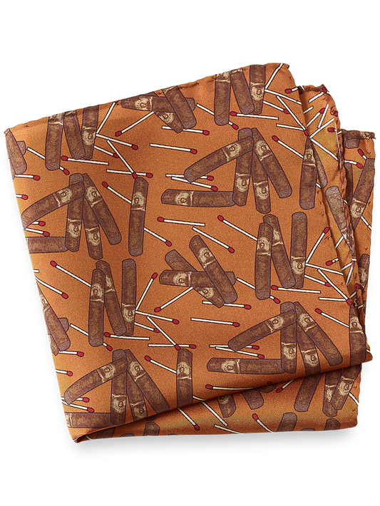 Cigar Motif Silk Pocket Square - Rust