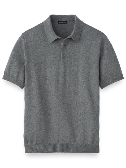 Silk Cotton and Cashmere Three Button Polo - Grey Heather