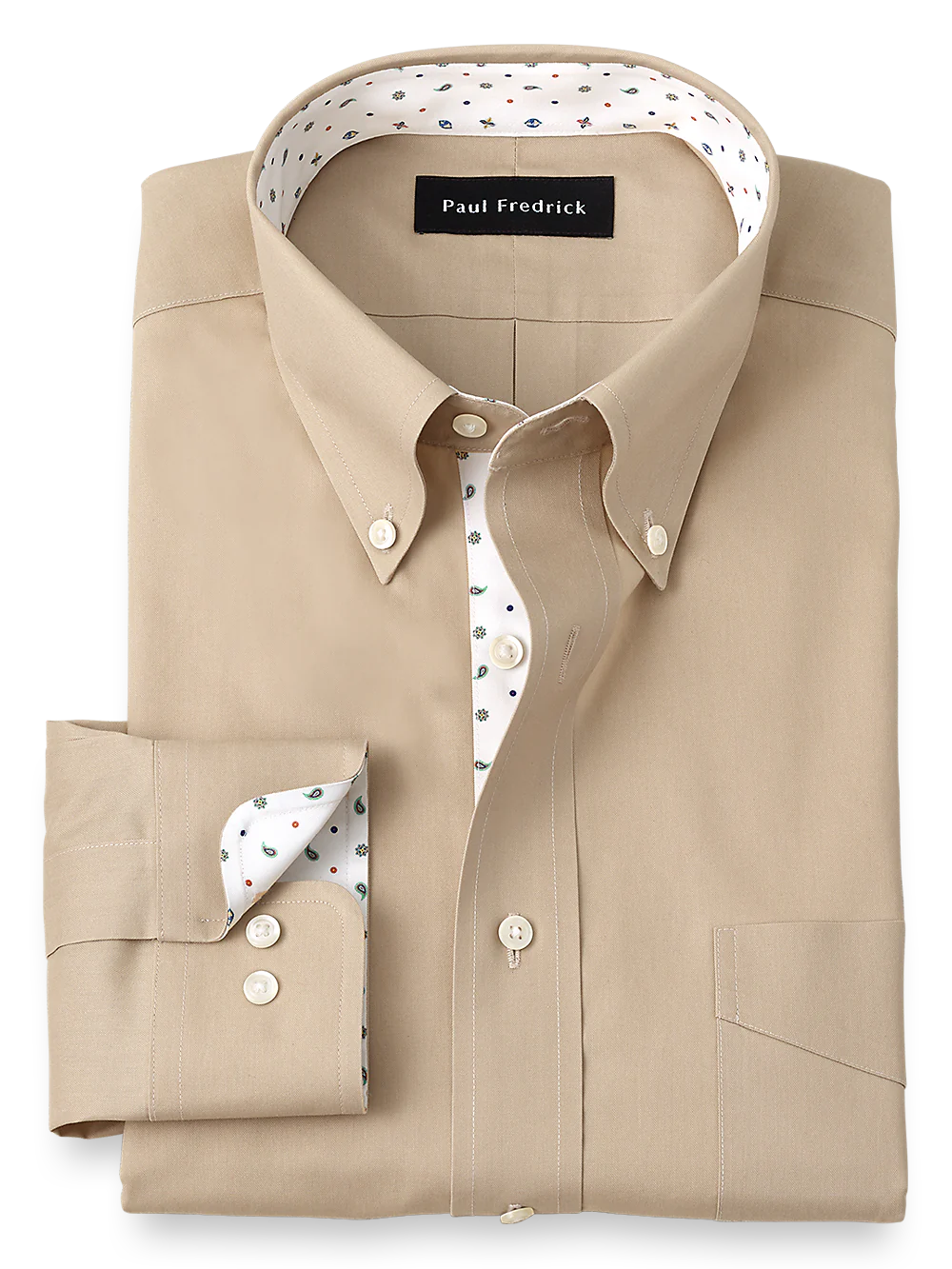 Non-Iron Cotton Solid Dress Shirt With Contrast Trim - Tan