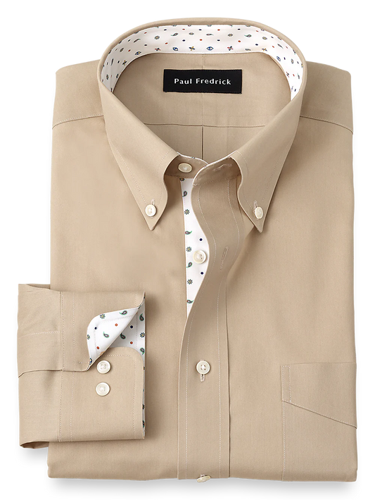 Non-Iron Cotton Solid Dress Shirt With Contrast Trim - Tan