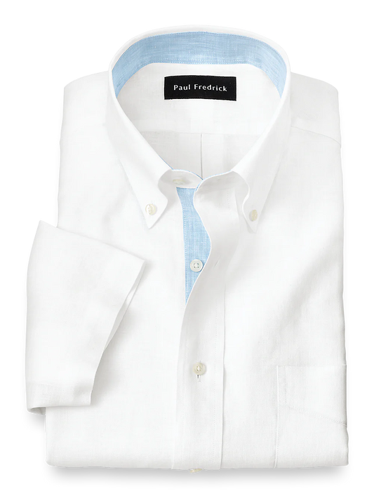 Non-Iron Linen Solid Dress Shirt With Contrast Trim - White