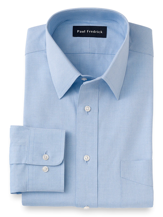 Pure Cotton Pinpoint Solid Color Straight Collar Dress Shirt - Blue