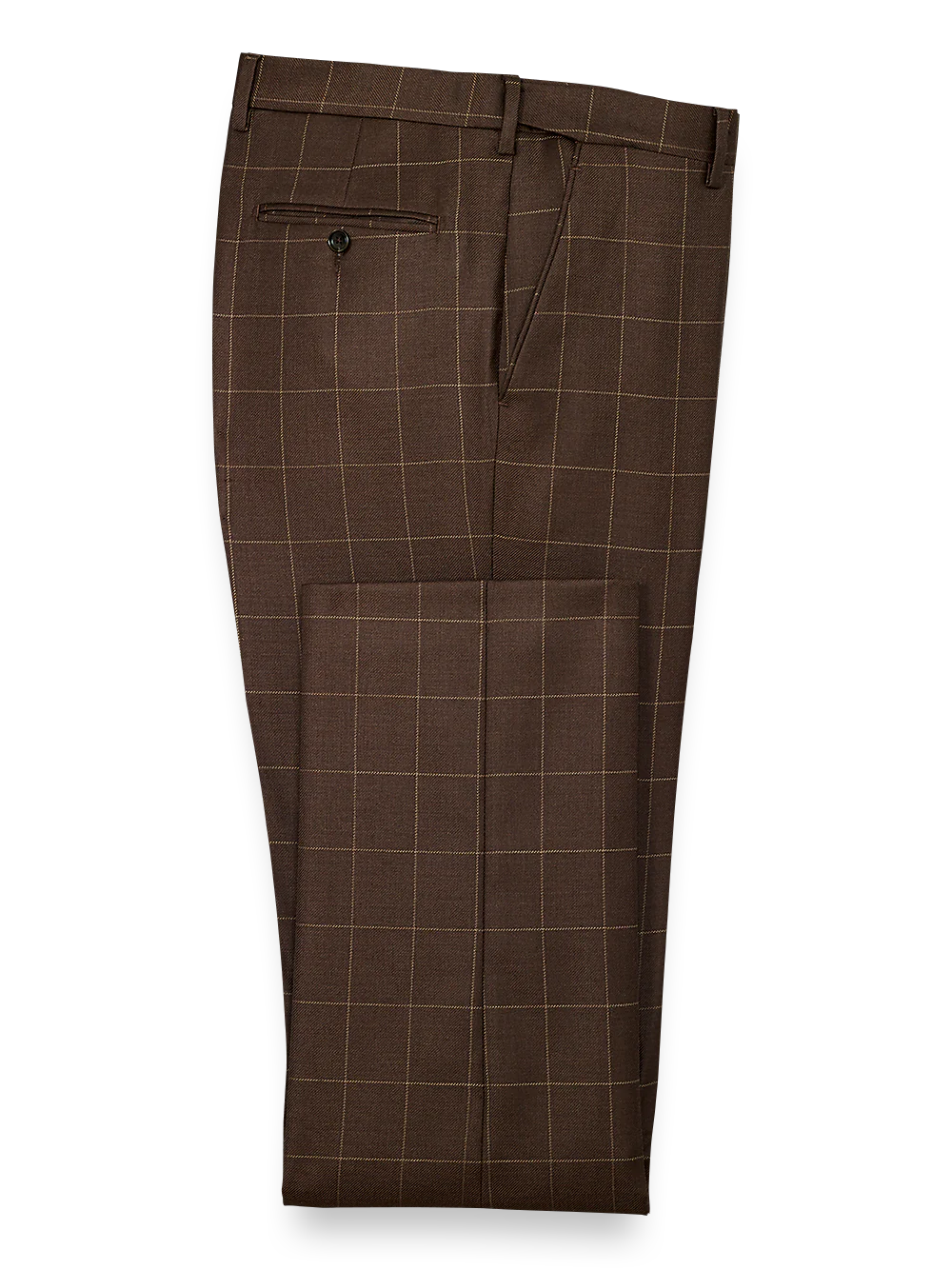 Tailored Fit Essential Wool Flat Front Pants - Brown Windowpane