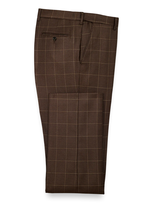 Tailored Fit Essential Wool Flat Front Pants - Brown Windowpane