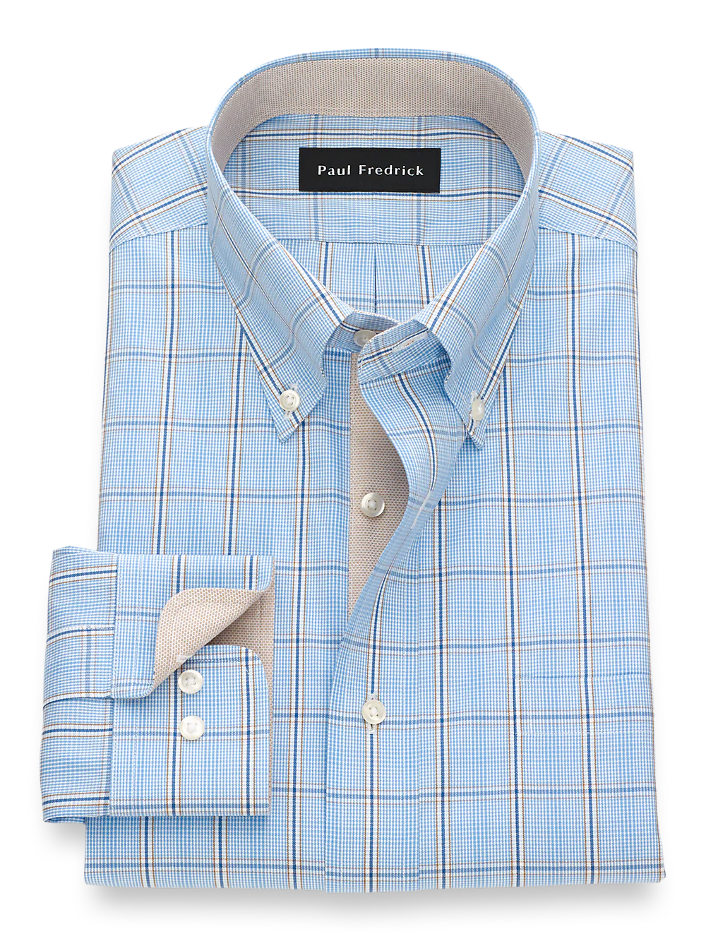 Non-Iron Cotton Pinpoint Glen Plaid Dress Shirt With Contrast Trim - Blue/tan