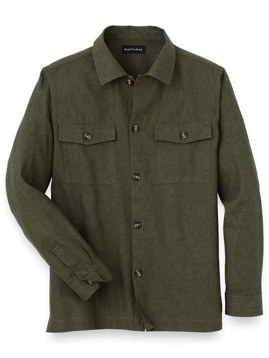 Linen Blend Solid Overshirt - Olive