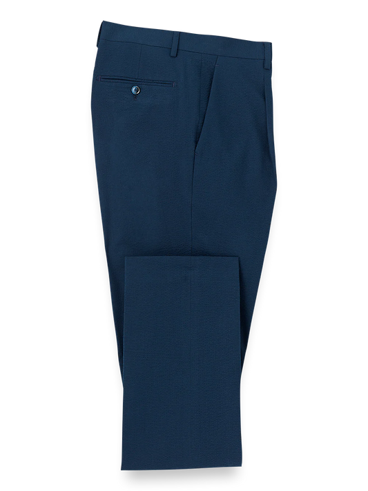 Cotton Stretch Seersucker Single Pleat Suit Pants - Navy