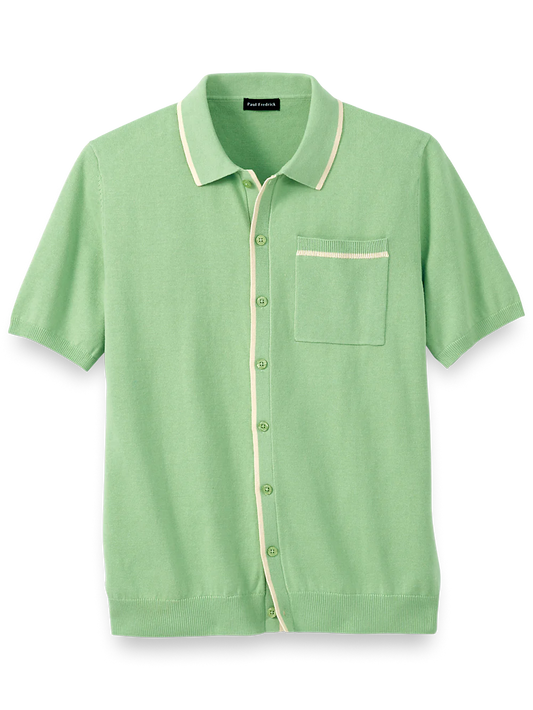 Cotton Button Front Polo - Light Green