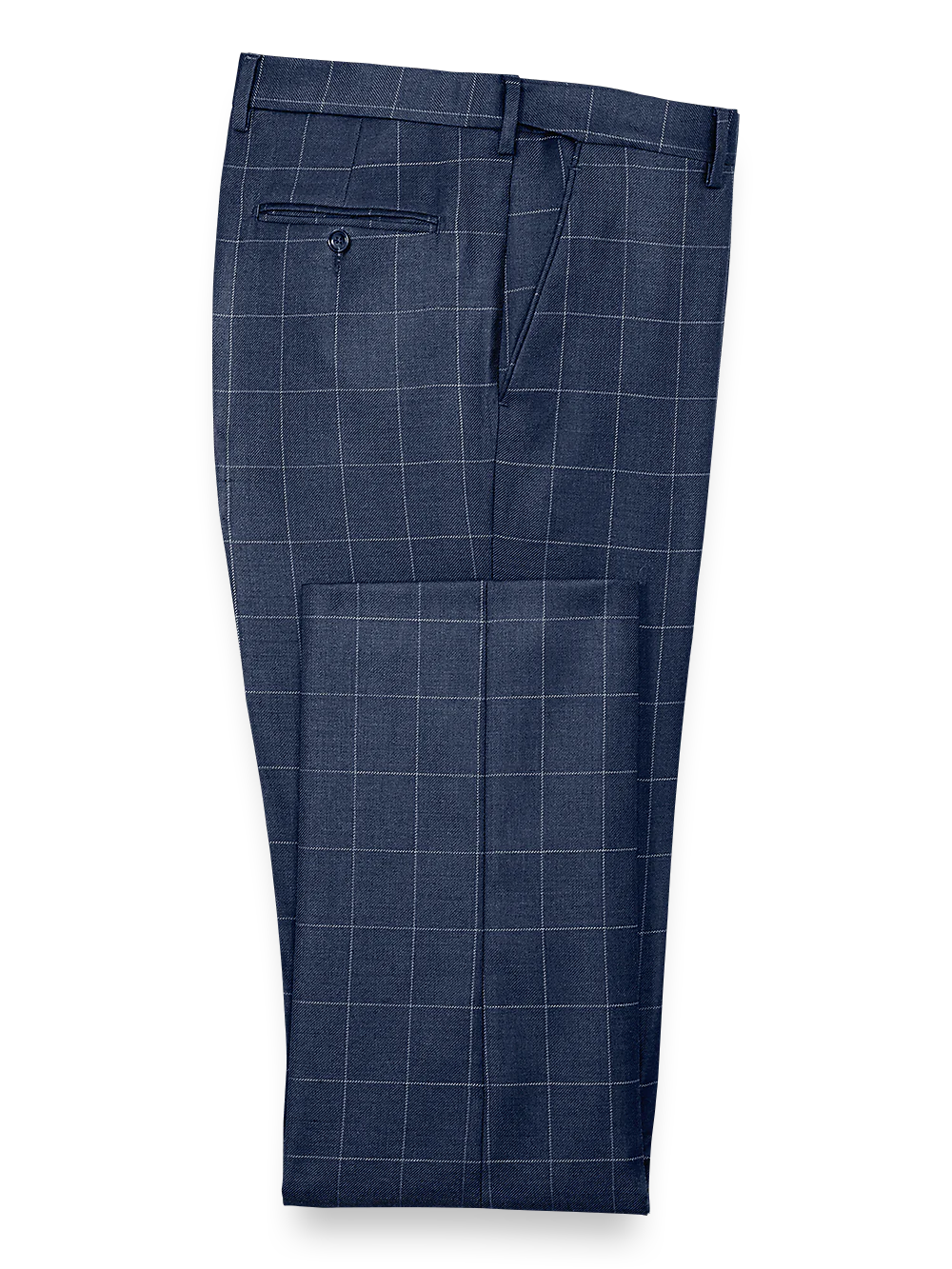 Tailored Fit Essential Wool Flat Front Pants - Navy Windowpane