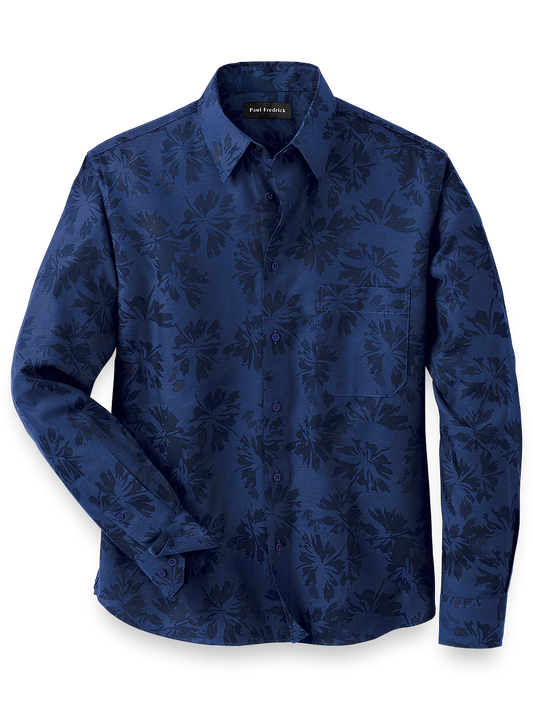 Cotton Solid Floral Jacquard Casual Shirt - Cobalt