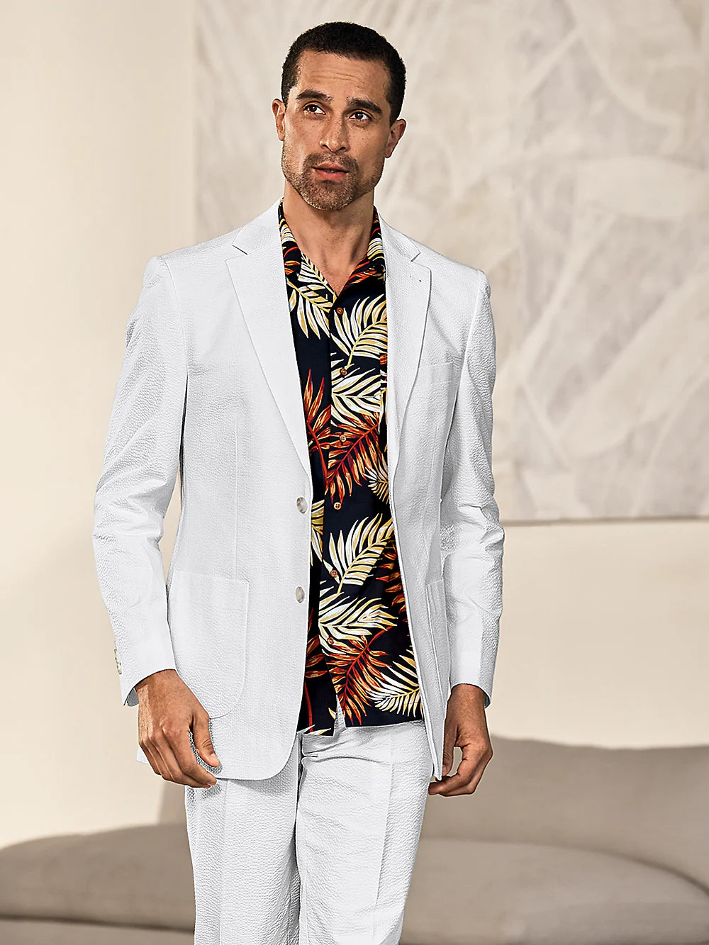 Cotton Stretch Seersucker Notch Lapel Suit Jacket - White