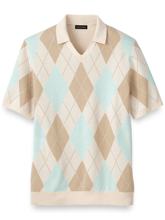 Cotton V-neck Polo - Ivory/aqua