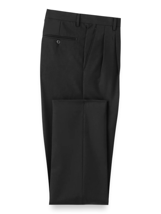 Wool Stretch Bengaline Pleated Suit Pants - Black