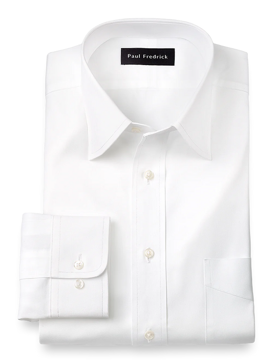 Pure Cotton Pinpoint Solid Color Varsity Spread Collar Dress Shirt - White