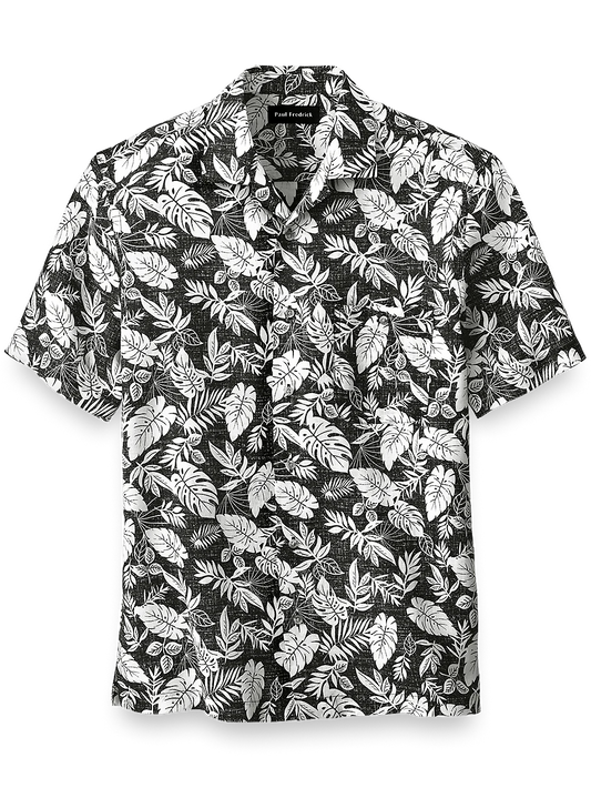 Linen Botanical Print Casual Shirt - Black/white