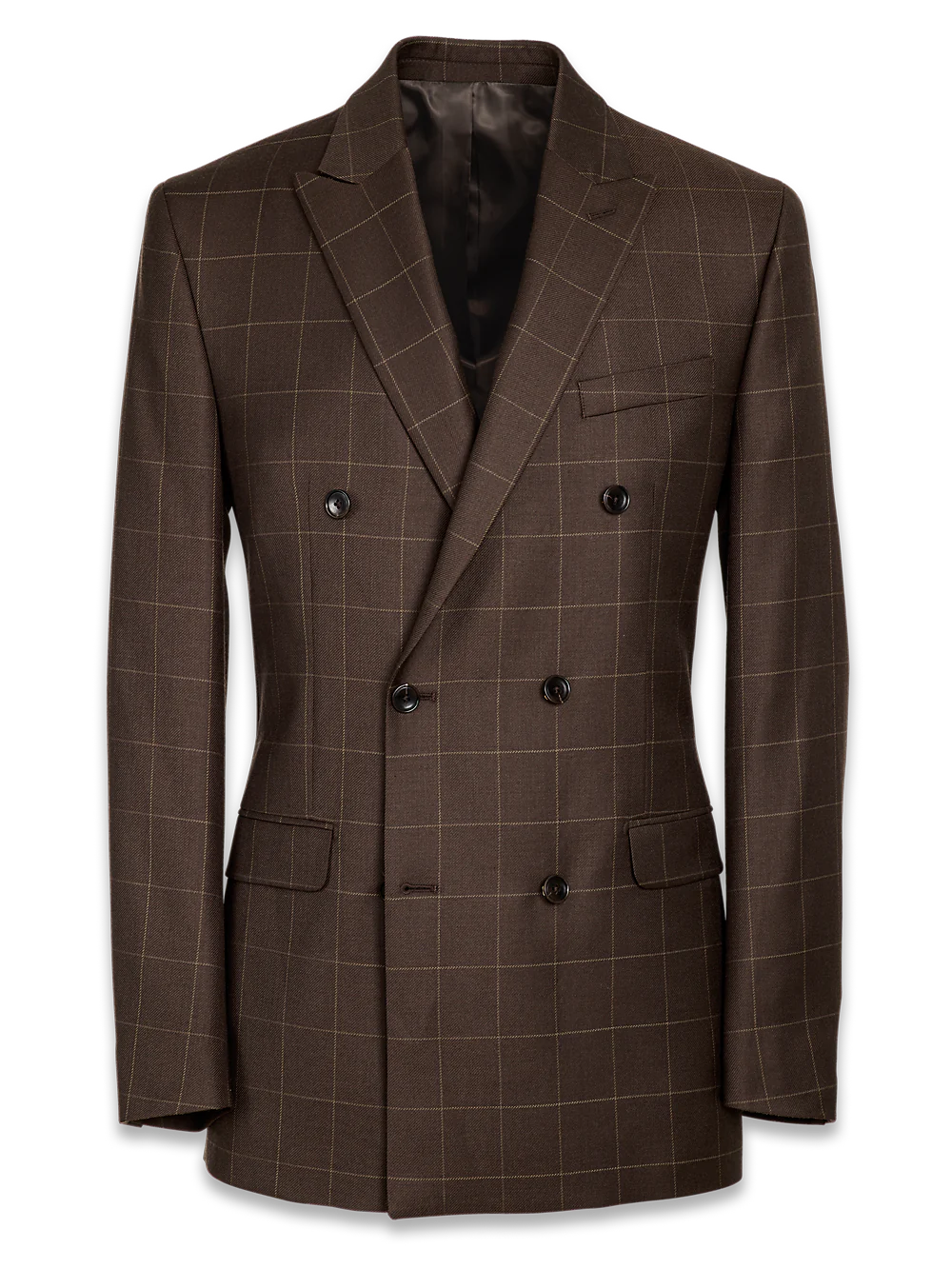 Tailored Fit Essential Wool Double Breasted Peak Lapel Suit Jacket - Brown Windowpane