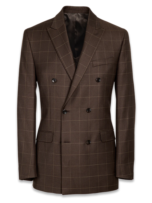 Tailored Fit Essential Wool Double Breasted Peak Lapel Suit Jacket - Brown Windowpane