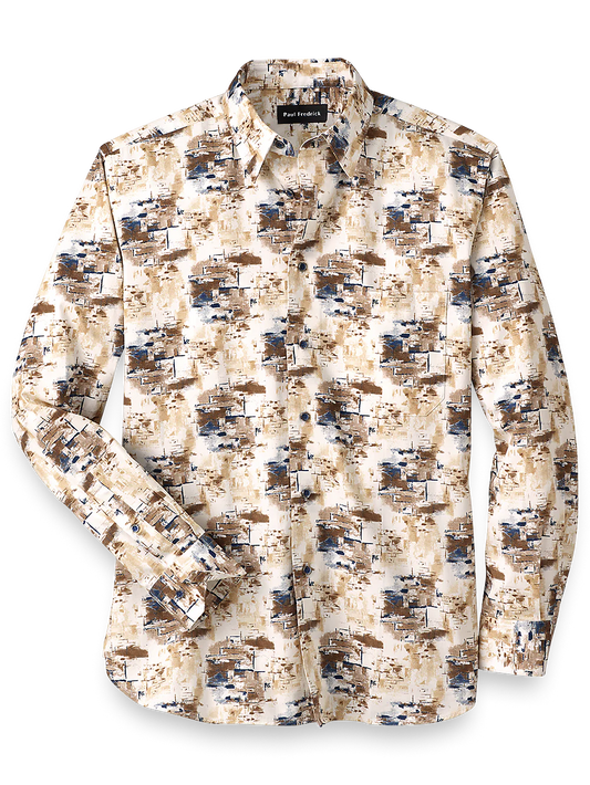 Cotton Abstract Print Casual Shirt - Ivory/brown