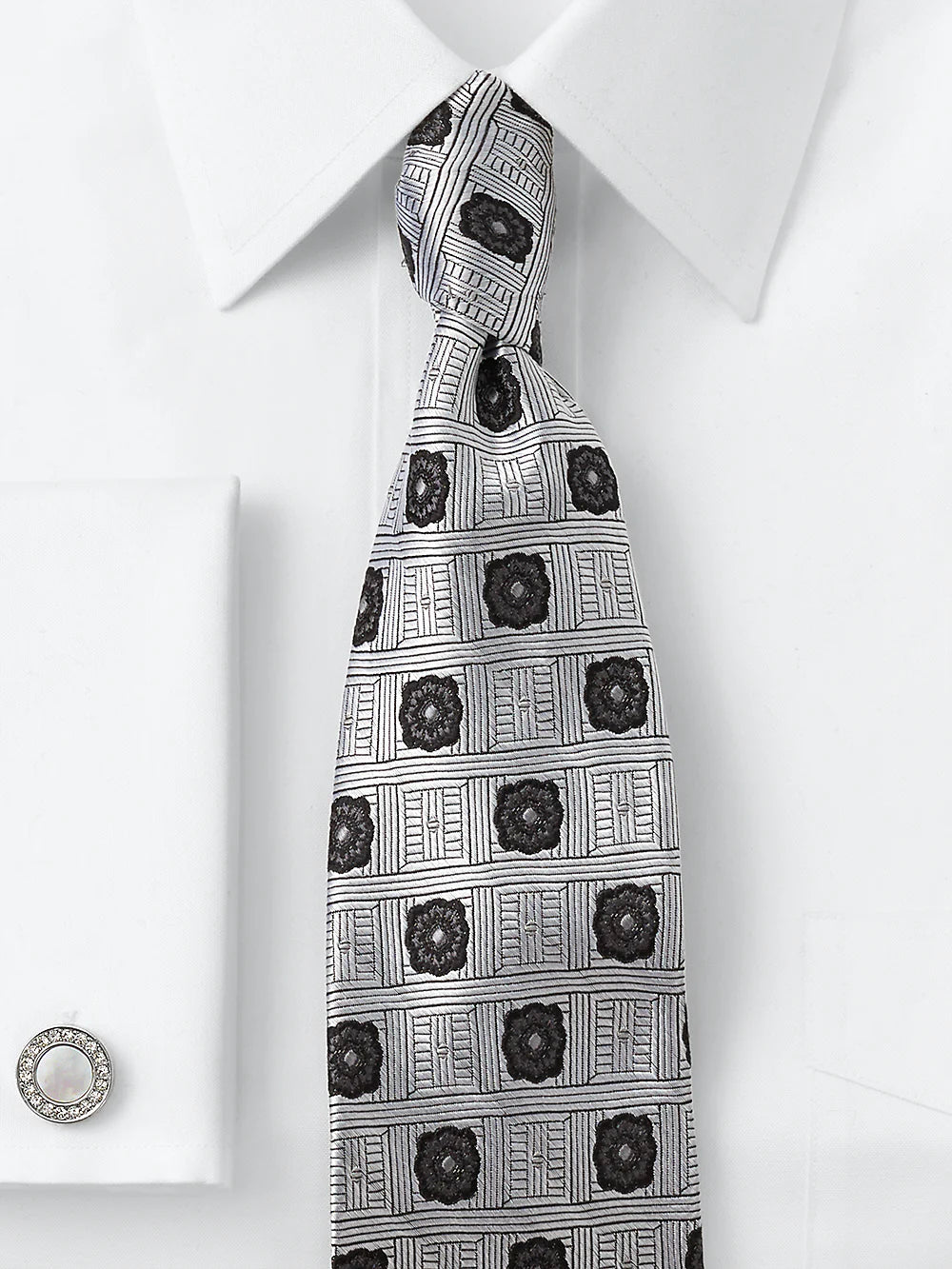 Medallion Woven Silk Tie - Silver