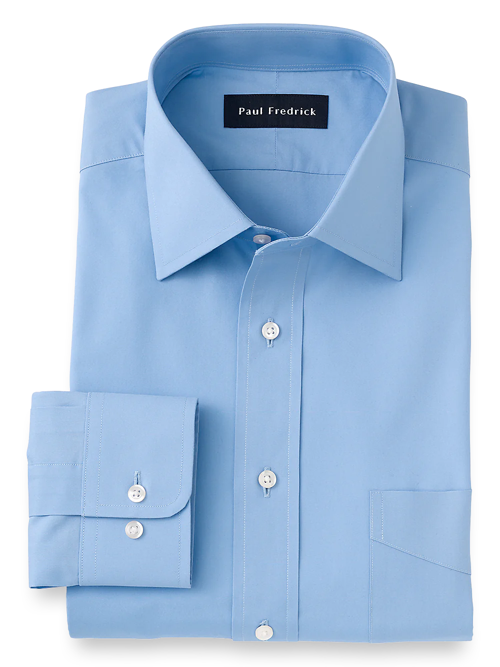 Slim Fit Pure Cotton Broadcloth Solid Color Spread Collar Dress Shirt - Blue