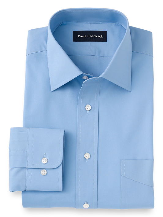 Slim Fit Pure Cotton Broadcloth Solid Color Spread Collar Dress Shirt - Blue