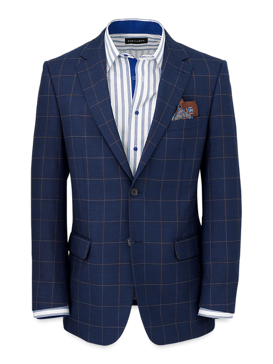 Wool Stretch Windowpane Notch Lapel Suit Jacket - Navy