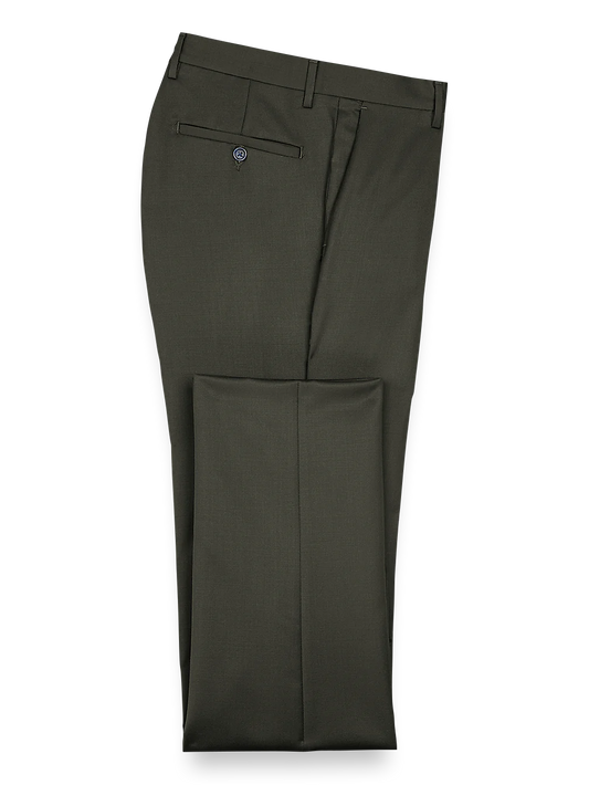 Classic Fit Wool Gabardine Flat Front Pants - Olive