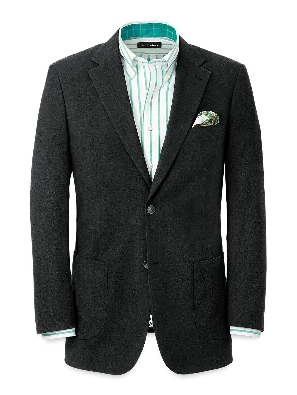 Cotton Blend Seersucker Single Breasted Notch Lapel Suit Jacket - Black