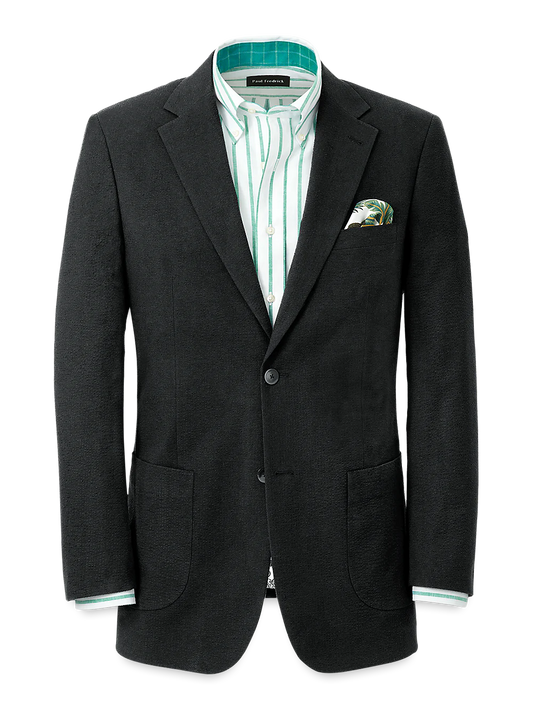 Cotton Blend Seersucker Single Breasted Notch Lapel Suit Jacket - Black