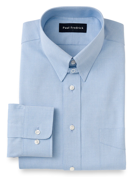 Pure Cotton Pinpoint Solid Color Snap Tab Collar Dress Shirt - Blue