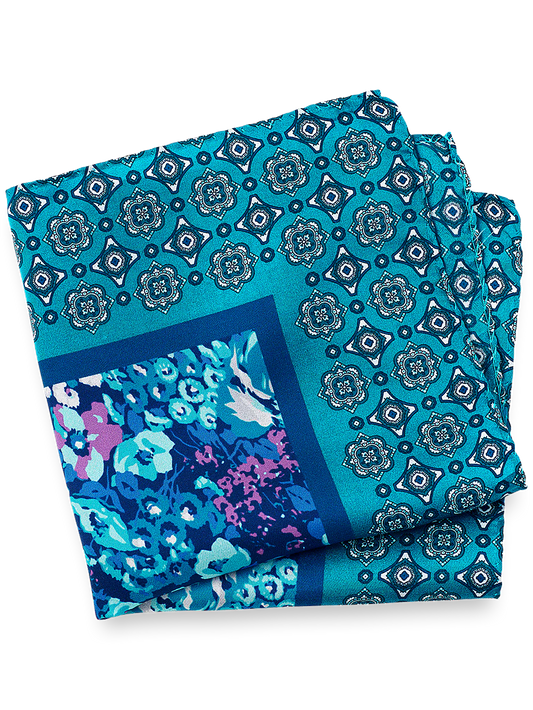 Medallion Silk Pocket Square - Teal/blue