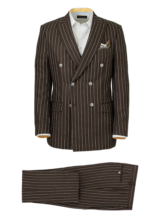 Linen Pinstripe Double Breasted Peak Lapel Suit - Dark Brown