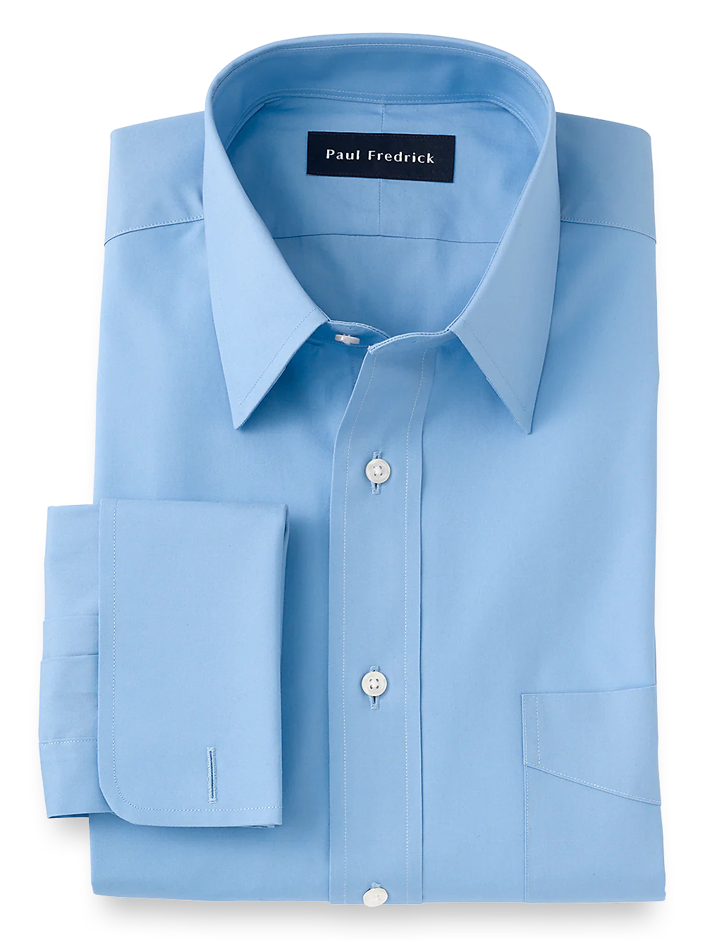 Pure Cotton Broadcloth Solid Color Straight Collar French Cuff Dress Shirt - Blue