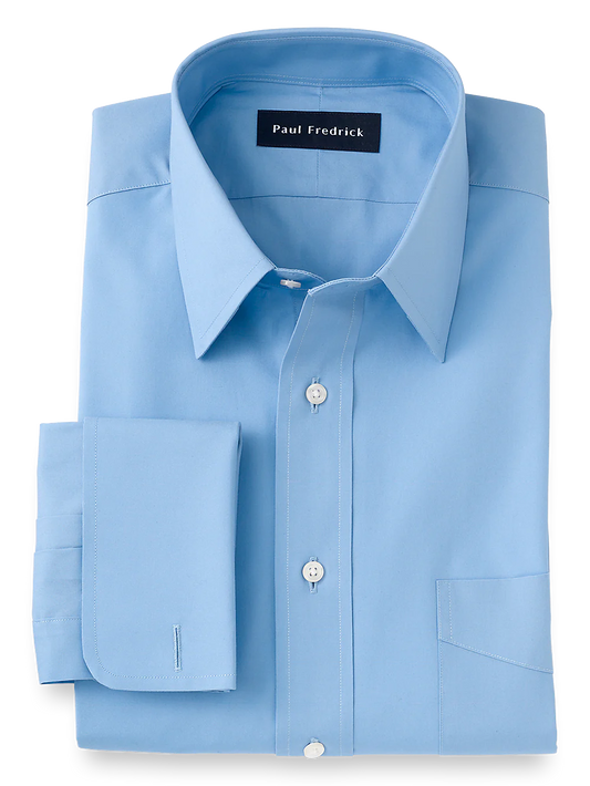 Pure Cotton Broadcloth Solid Color Straight Collar French Cuff Dress Shirt - Blue