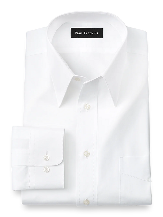 Pure Cotton Broadcloth Solid Color Edge-stitched Straight Collar Dress Shirt - White