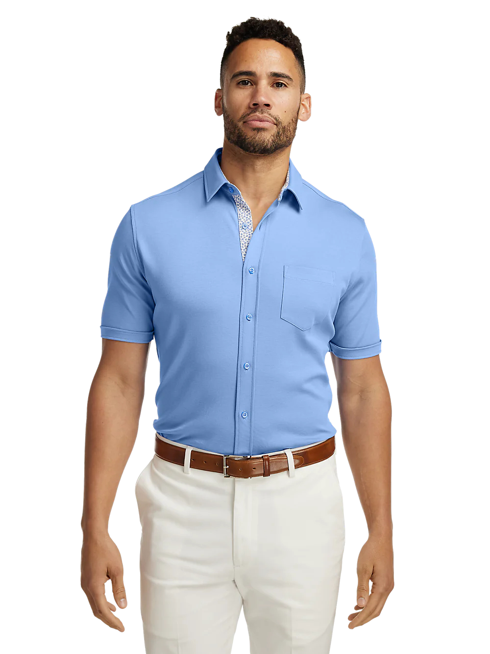 Cotton Button Front Polo - Light Blue