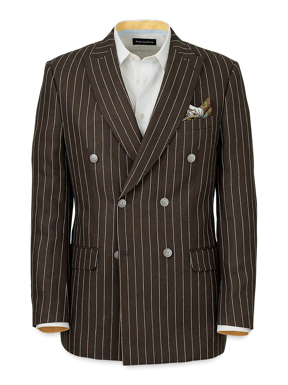 Linen Pinstripe Double Breasted Peak Lapel Suit Jacket - Dark Brown