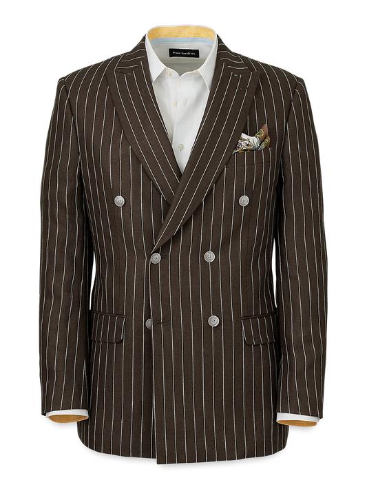 Linen Pinstripe Double Breasted Peak Lapel Suit Jacket - Dark Brown