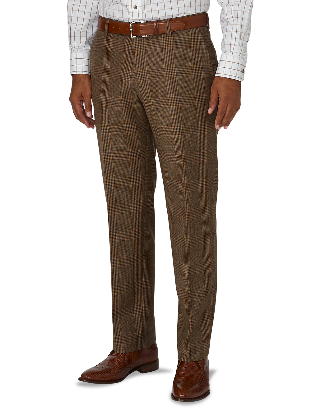 Tailored Fit Glen Plaid Flat Front Suit Pant - Brown