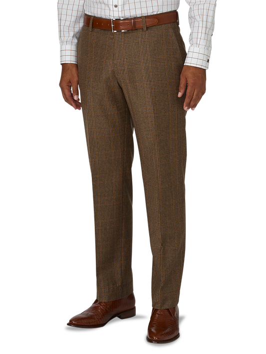 Tailored Fit Glen Plaid Flat Front Suit Pant - Brown