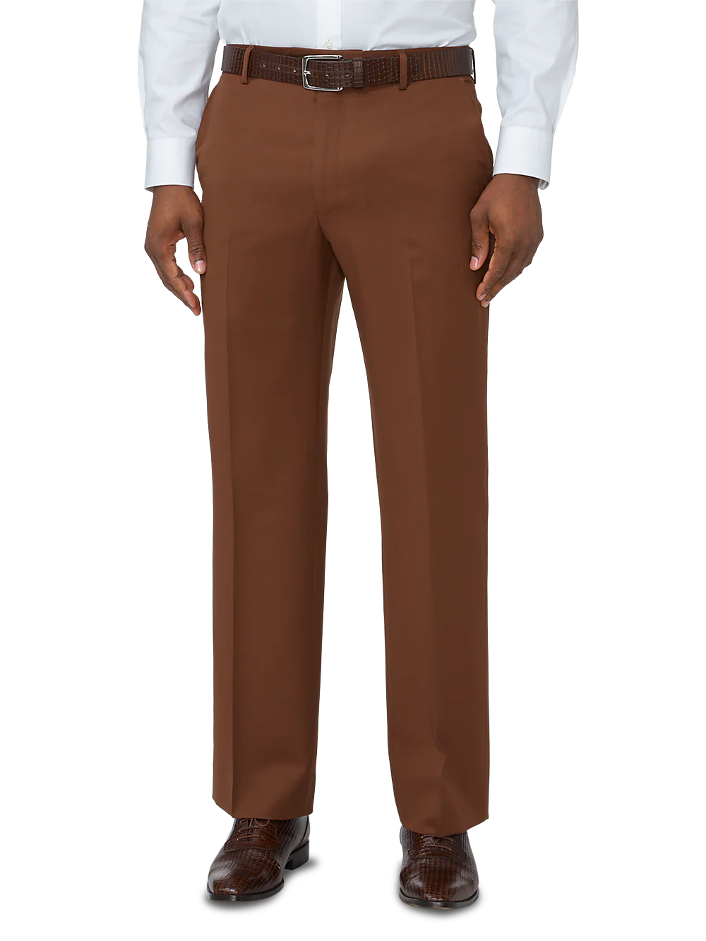 Classic Fit Wool Gabardine Flat Front Pants - Rust