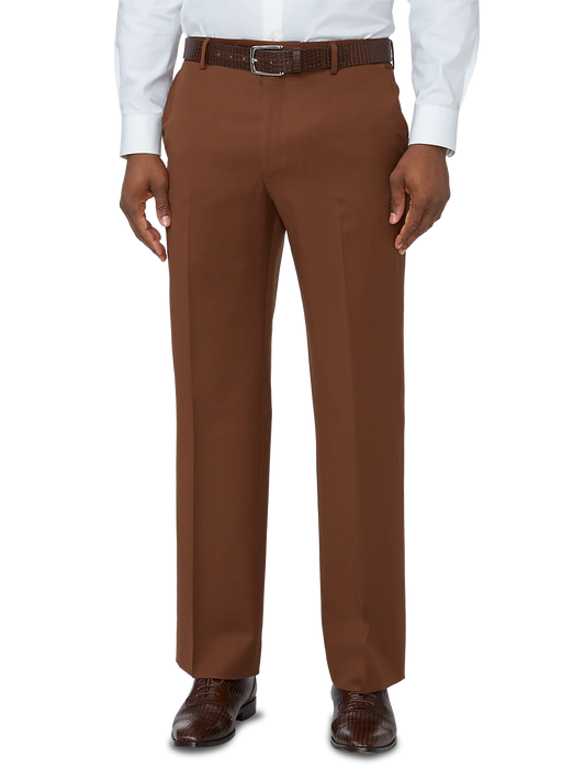 Classic Fit Wool Gabardine Flat Front Pants - Rust