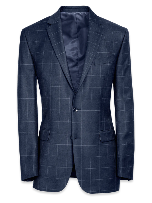 Classic Fit Essential Wool Notch Lapel Suit Jacket - Navy Windowpane