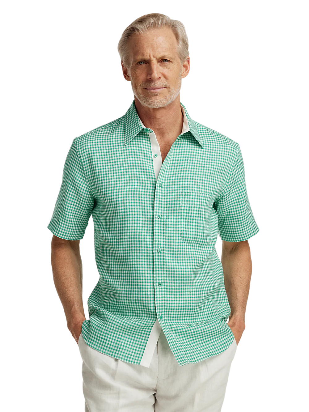 Linen Gingham Check Casual Shirt - Green