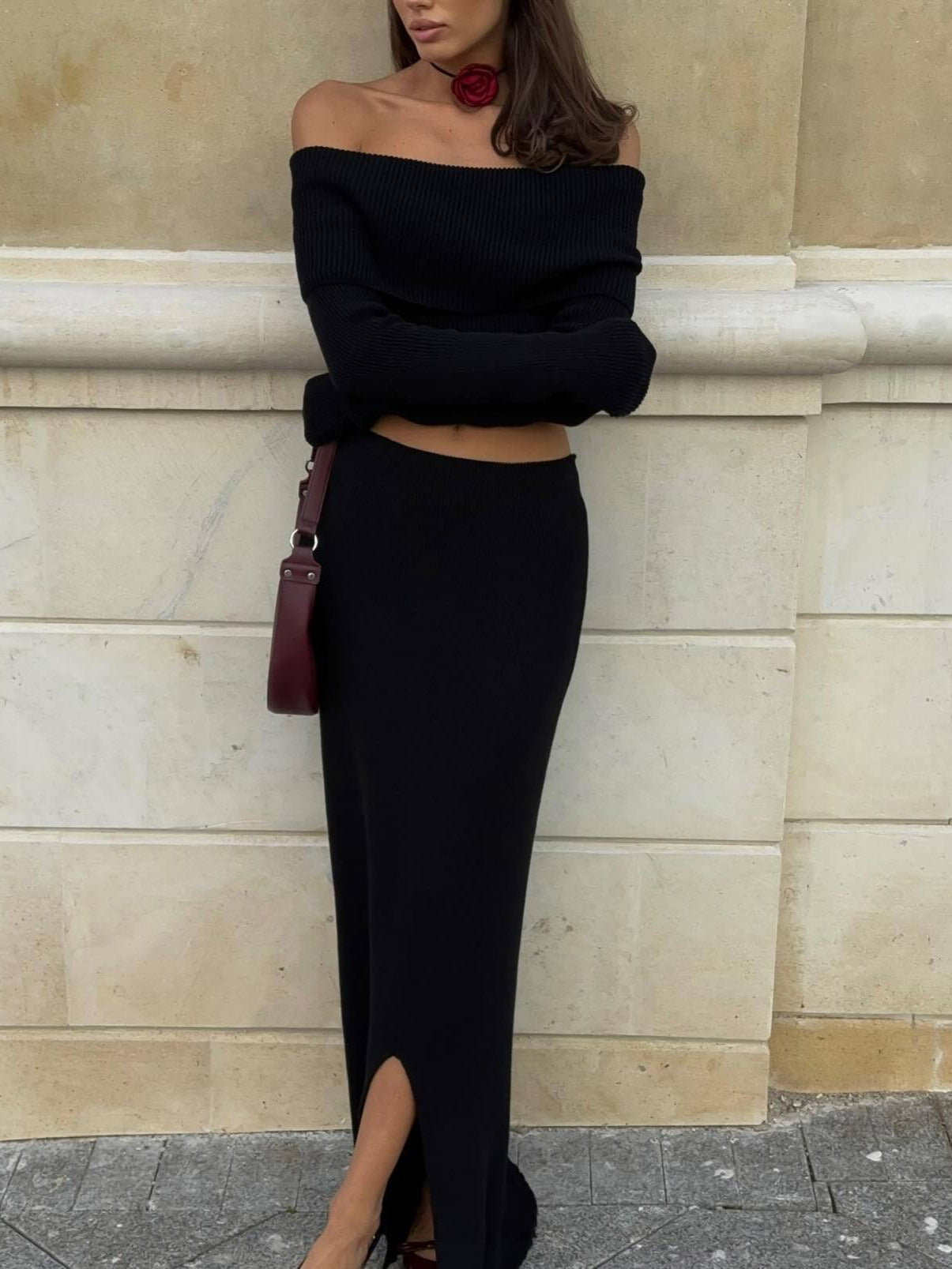 Sexy Crop Top and High Waisted Skirt Set Autumn Winter Knit Outfit