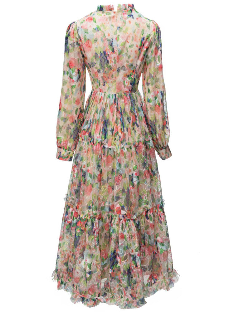 Floral Long Sleeve Maxi Dress Fall Winter A Line Gown