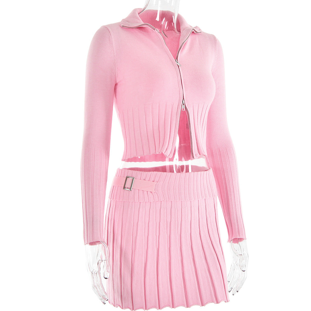 Pink Knitted Cardigan Pleated Skirt Set Sexy Fall Winter Outfit