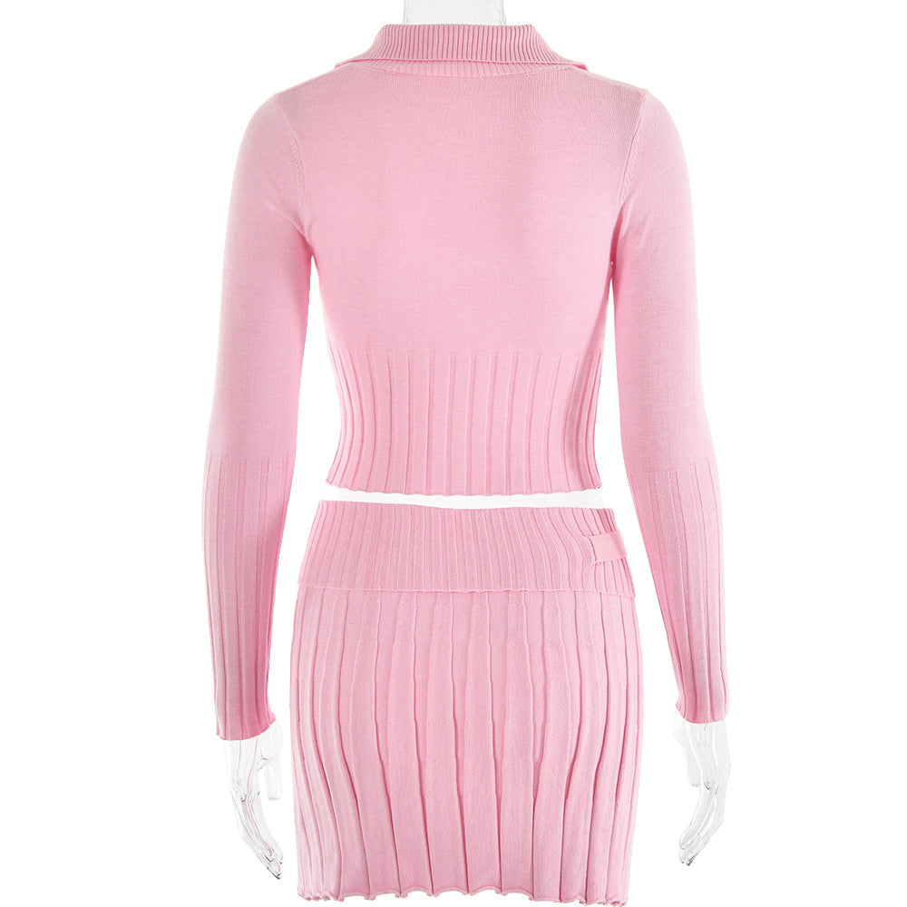 Pink Knitted Cardigan Pleated Skirt Set Sexy Fall Winter Outfit